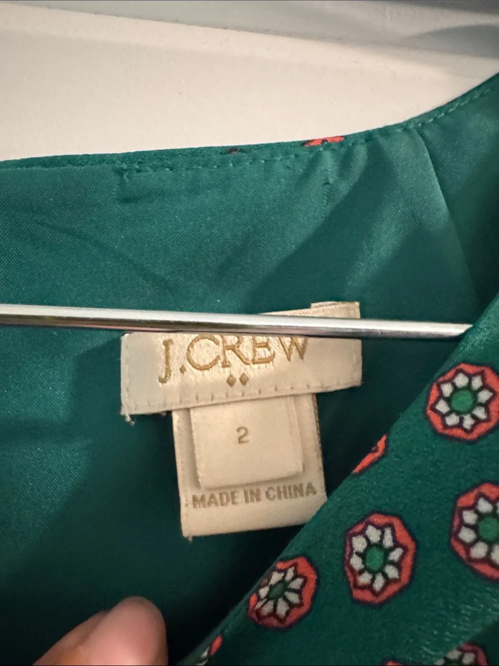 J. Crew Teal Green Printed Short Sleeve Shift Dress with Red Accent